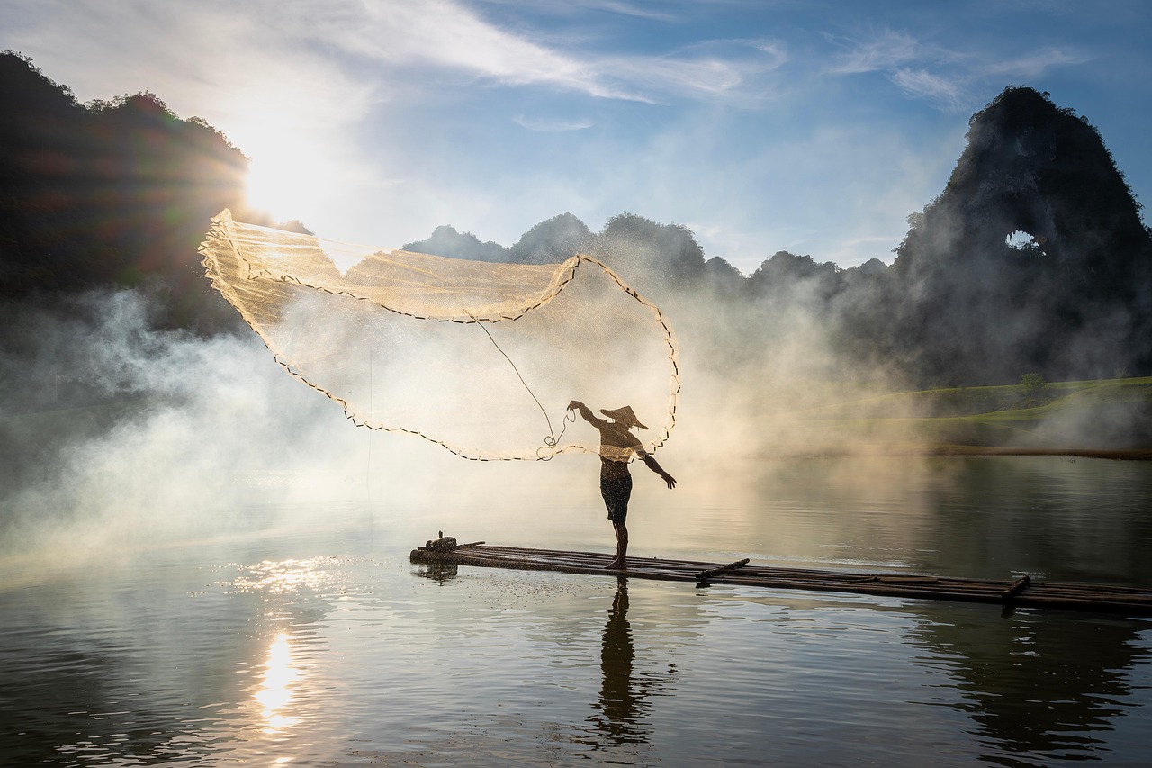 about-us fishing, vietnam, fisherman, province, cao bang, lifestyle, daylight, life, nature, sky, water, mist, fog, sunlight
